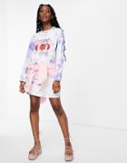 Daisy Street Oversized Long Sleeve T-shirt Dress In Tie Dye With Tarot Graphic-multi