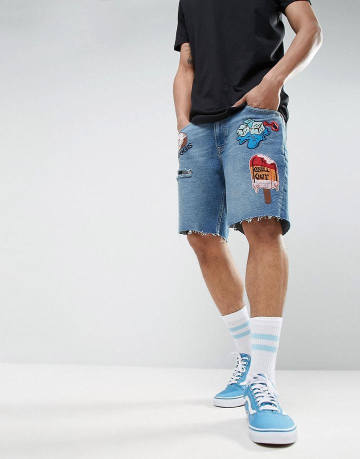 Asos X Lot Stock & Barrel Denim Shorts In Slim Mid Blue With Embroidery - Blue