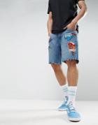 Asos X Lot Stock & Barrel Denim Shorts In Slim Mid Blue With Embroidery - Blue