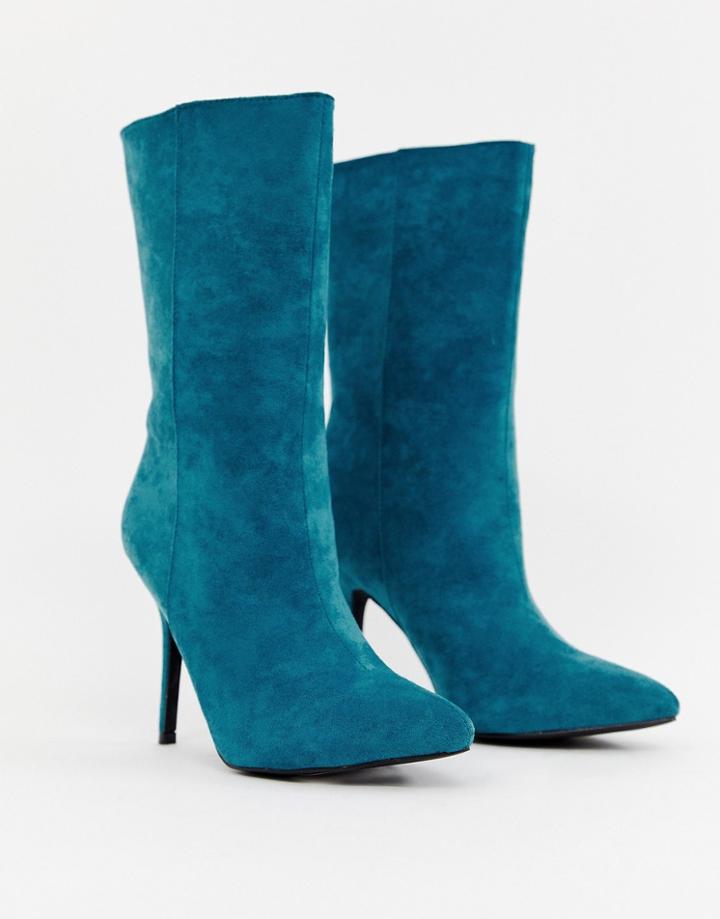 Prettylittlething Faux Suede High Heeled Ankle Boot In Teal - Blue