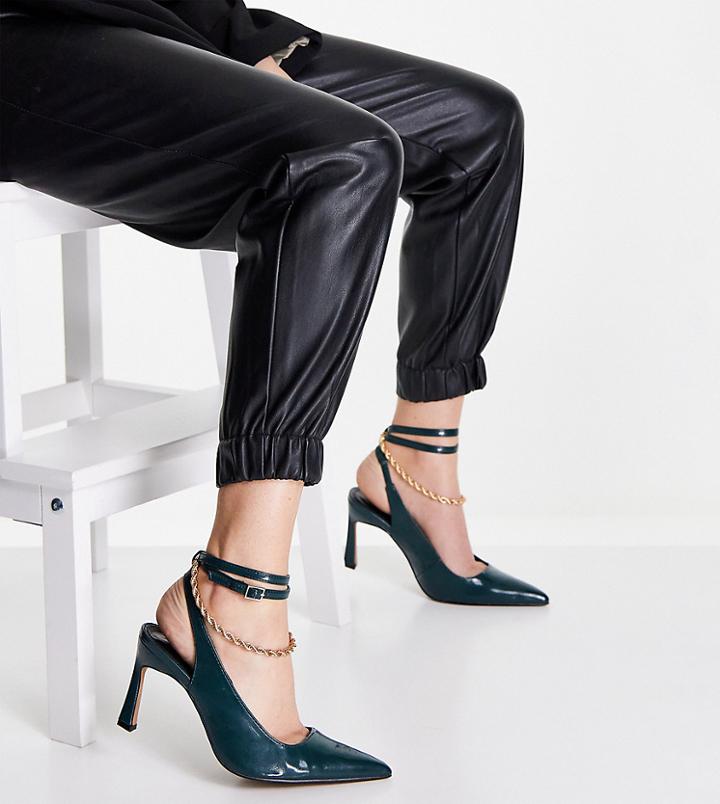 Asos Design Wide Fit Weston Chain Detail Heeled Shoes In Forest Green