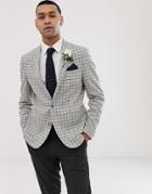 Asos Design Wedding Skinny Wool Mix Blazer In Mini Stone Check