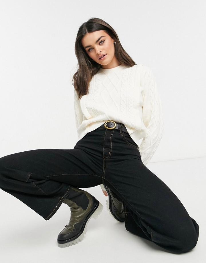 Mango Shoulder Detail Cable Knitted Sweater In Ecru-white