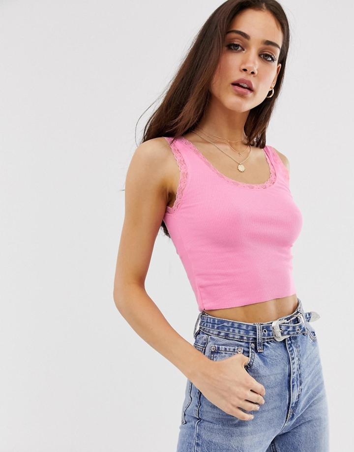 Stradivarius Dentelle Square Neck Top In Pink - Pink