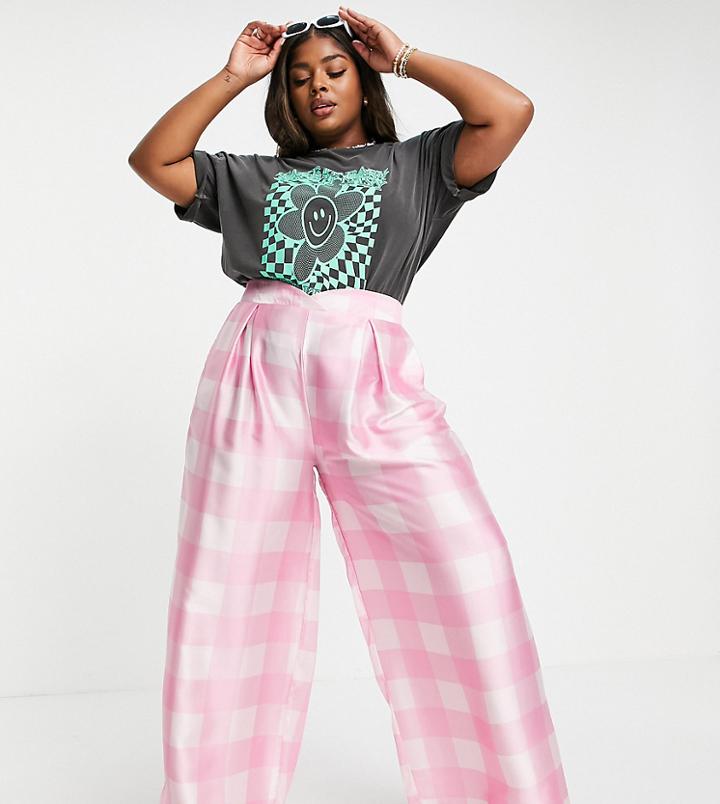Twisted Wunder Plus Wide Leg Pants In Pink Oversized Plaid - Part Of A Set-multi