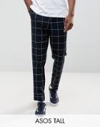 Asos Tall Tapered Smart Pants In Navy Windowpane Check With Turn Up - Navy