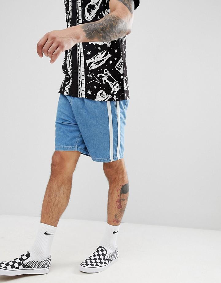 Asos Design Denim Shorts In Relaxed Fit Mid Wash Blue With Side Stripe-black