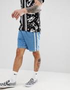 Asos Design Denim Shorts In Relaxed Fit Mid Wash Blue With Side Stripe-black
