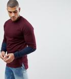 Asos Tall Sweatshirt With Hem Extender And Contrast Sleeves In Burgundy - Red