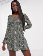 Missguided Long Sleeve Milkmaid Mini Dress With Shirred Detail In Floral Print-multi