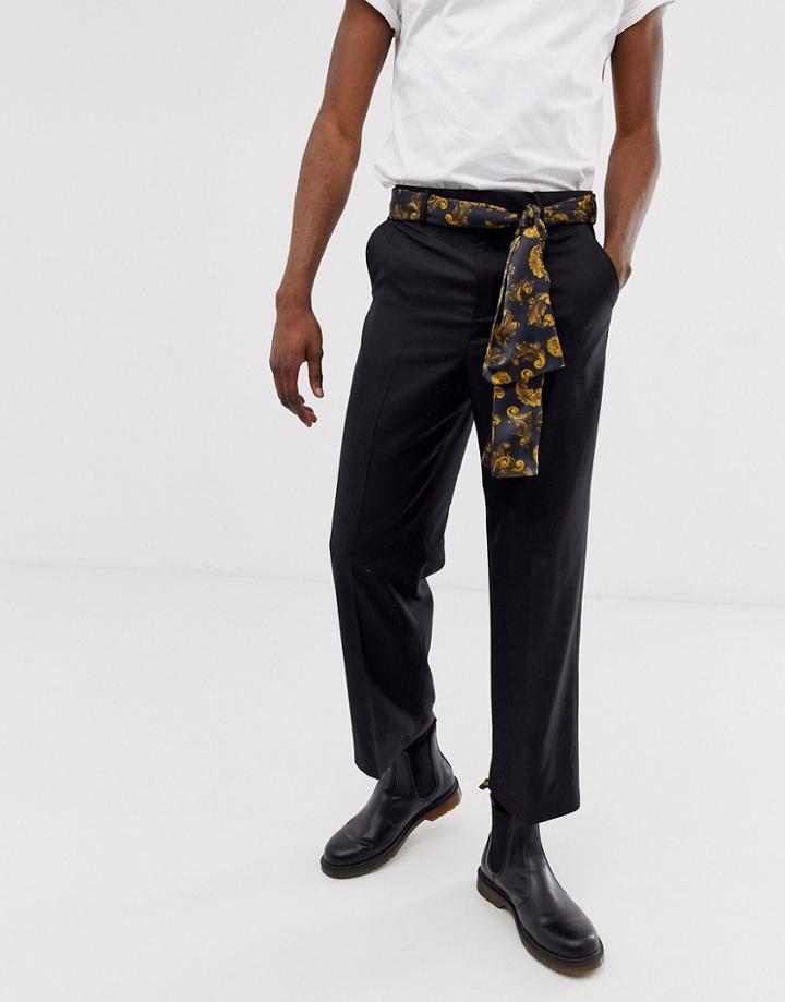 Asos Design Scarf Belt In Black And Gold Baroque Print