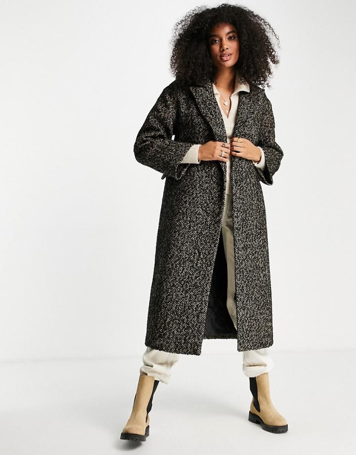 Topshop Herringbone Maxi Crombie Coat In Black