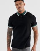 Asos Design Waffle Polo Shirt With Contrast Tipping In Black