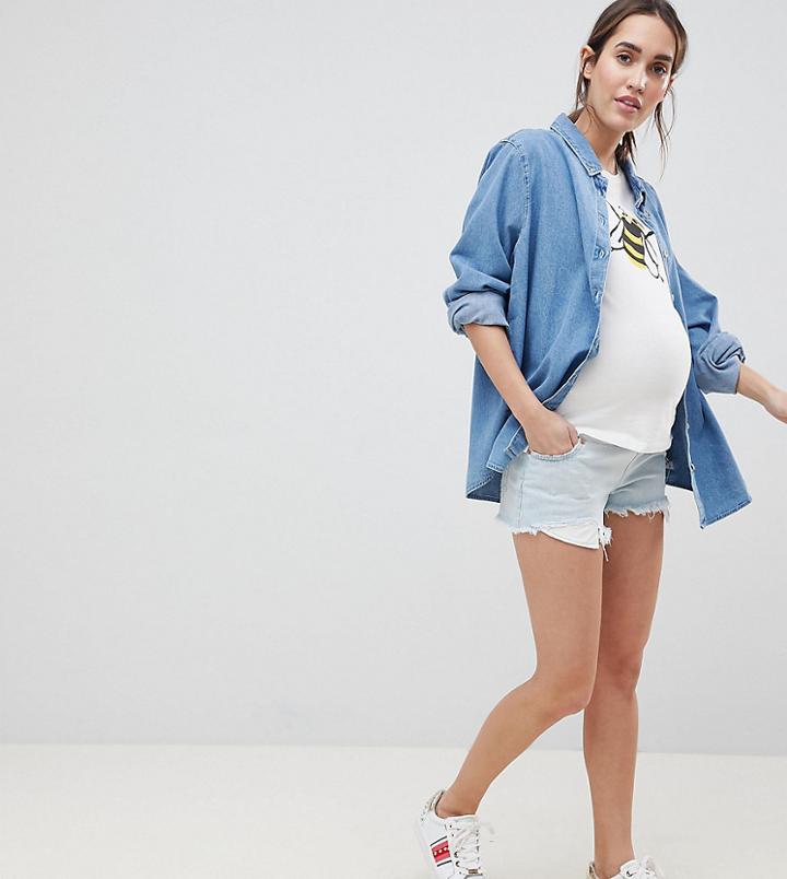 Asos Design Maternity Tall Denim Mid Rise Short With Raw Hem In Light Wash Blue - Blue