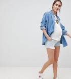 Asos Design Maternity Tall Denim Mid Rise Short With Raw Hem In Light Wash Blue - Blue