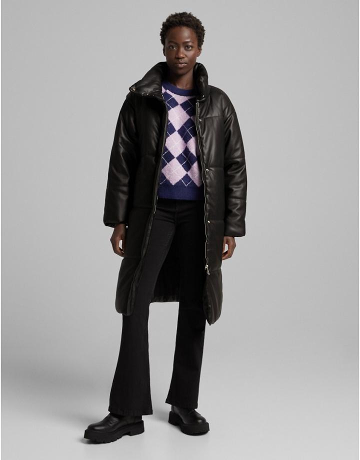 Bershka Faux Leather Padded Long Line Puffer Coat In Black