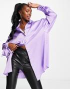 Asos Design Oversized Satin Shirt With Tie Cuff Detail In Lilac-purple