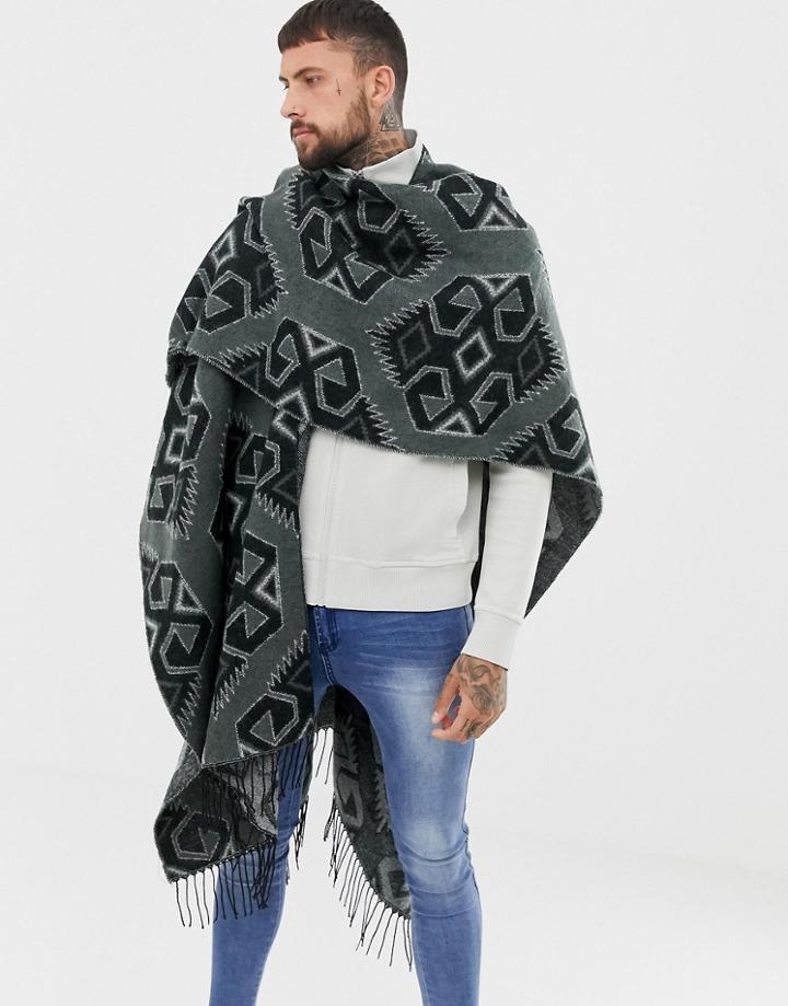Asos Design Cape In Monochrome Geo-tribal Print - Black