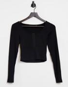 Only Ribbed Long Sleeve Top With Hook And Eye Front In Black