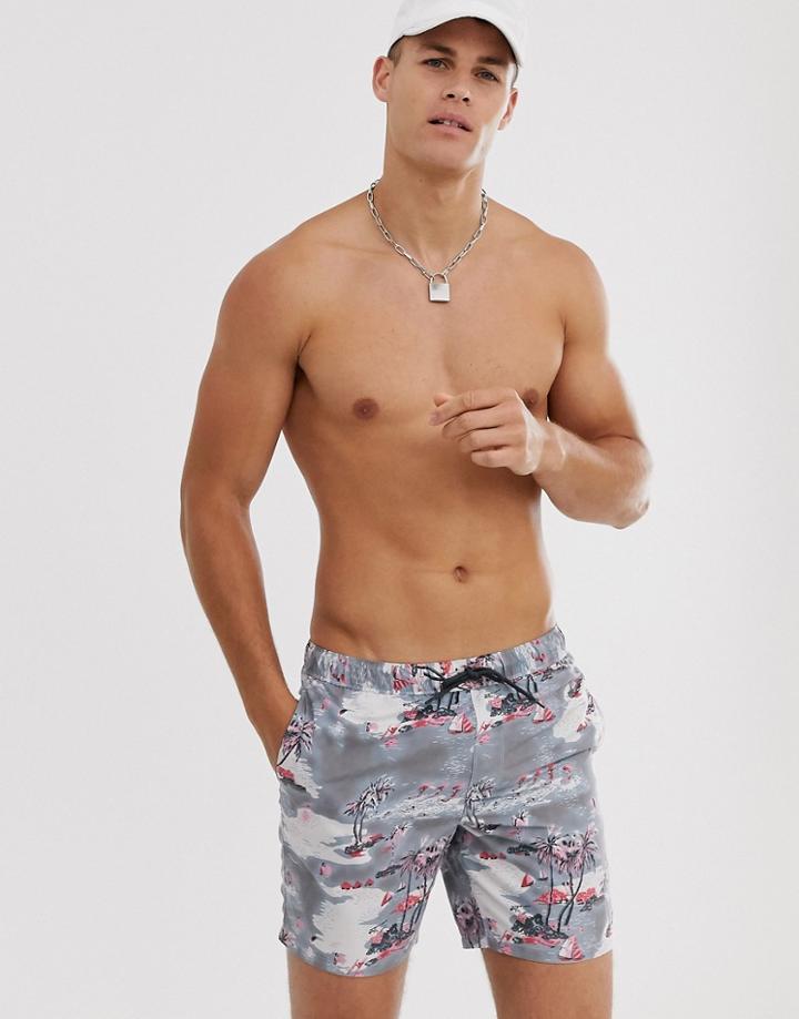 Asos Design Swim Shorts With Beach Scene Print In Mid Length-blue