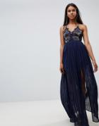 Rare London Eyelash Lace Plunge Pleated Maxi Dress - Navy