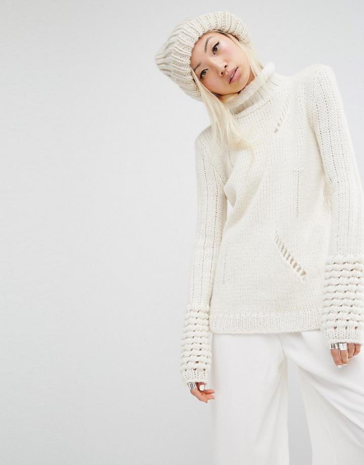 Oneon Hand Knitted Jumper In Roll Neck With Ladder Detail - Cream