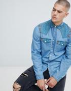 Asos Design Regular Fit Western Denim Shirt With Geo-tribal Panels - Blue