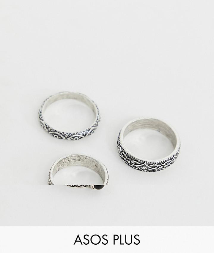 Asos Design Plus Ring Pack With Emboss And Stone In Burnished Silver - Silver