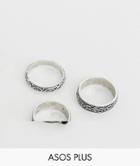 Asos Design Plus Ring Pack With Emboss And Stone In Burnished Silver - Silver