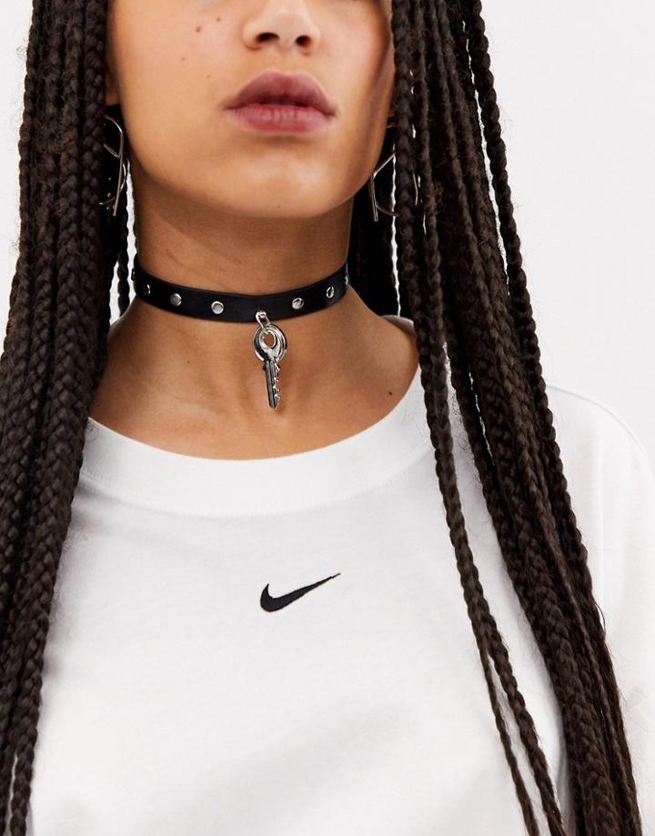 Asos Design Choker Necklace With Studs And Key In Black Faux Leather