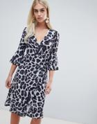Outrageous Fortune Ruffle Wrap Midi Dress With Fluted Sleeve In Mono Leopard - Multi