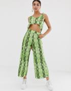 Asos Design Tie Shoulder Strappy Jumpsuit With Cut Out In Snake Animal Print-multi