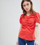 Lost Ink Petite Blouse With Rouched Front And Balloon Sleeves - Red
