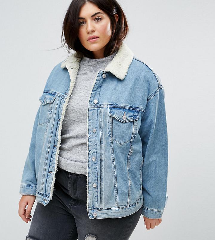 Asos Curve Denim Borg Jacket In Midwash Blue - Blue