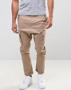 Asos Drop Crotch Cargo Pants With Zip Details In Stone - Stone