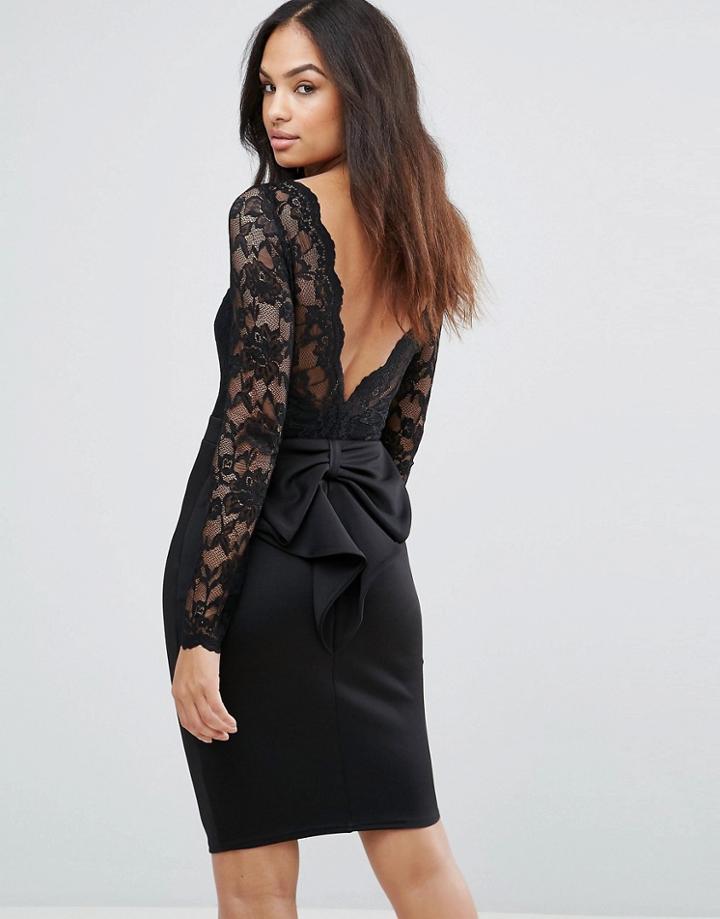 City Goddess Long Sleeve Lace Mini Dress With Bow Back-black