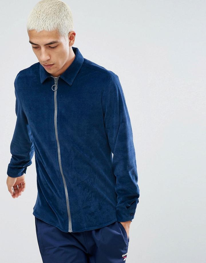 Asos Regular Fit Velour Zip Thru Shirt In Blue - Blue