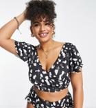 Asos Design Curve Mix And Match Flutter Sleeve Wrap Bikini Top In Mono Spot Print-multi