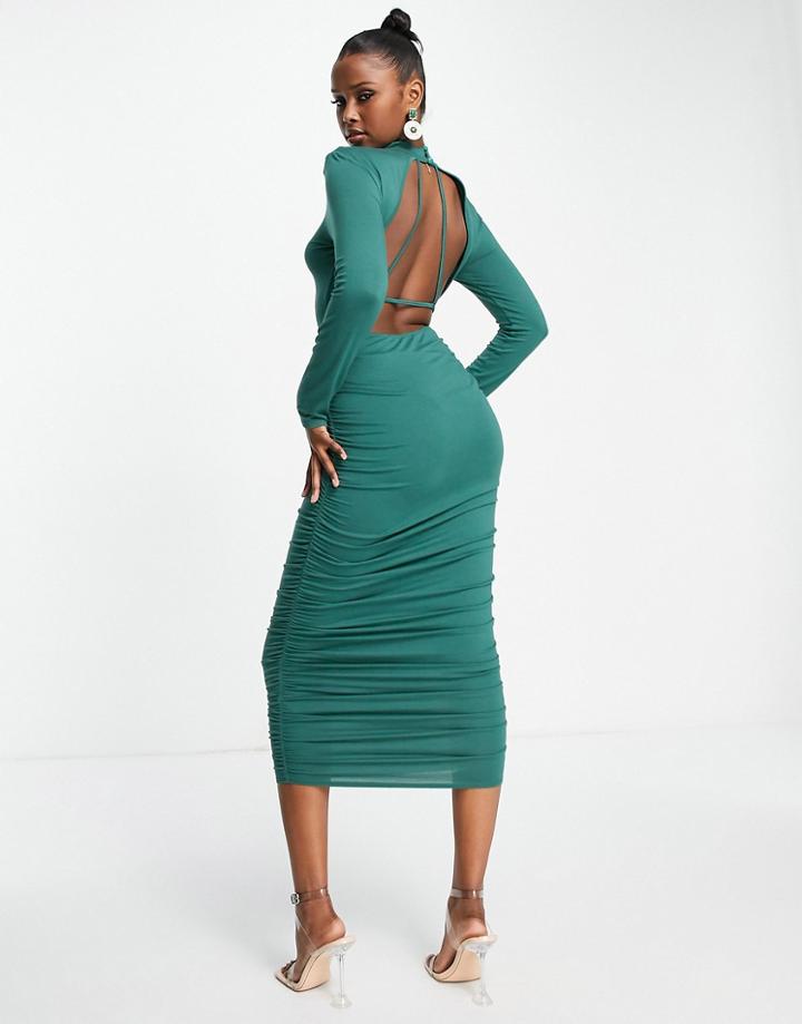 Asos Design Minimal Back Long Sleeve Ruched Midi Dress In Forest Green