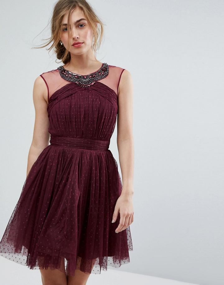 Little Mistress Embellished Mesh Top Full Prom Skater Dress - Red