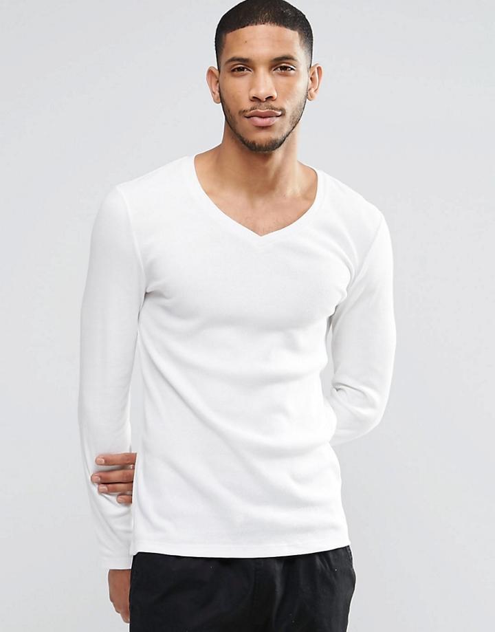 Asos Rib Extreme Muscle Long Sleeve T-shirt With V Neck - White