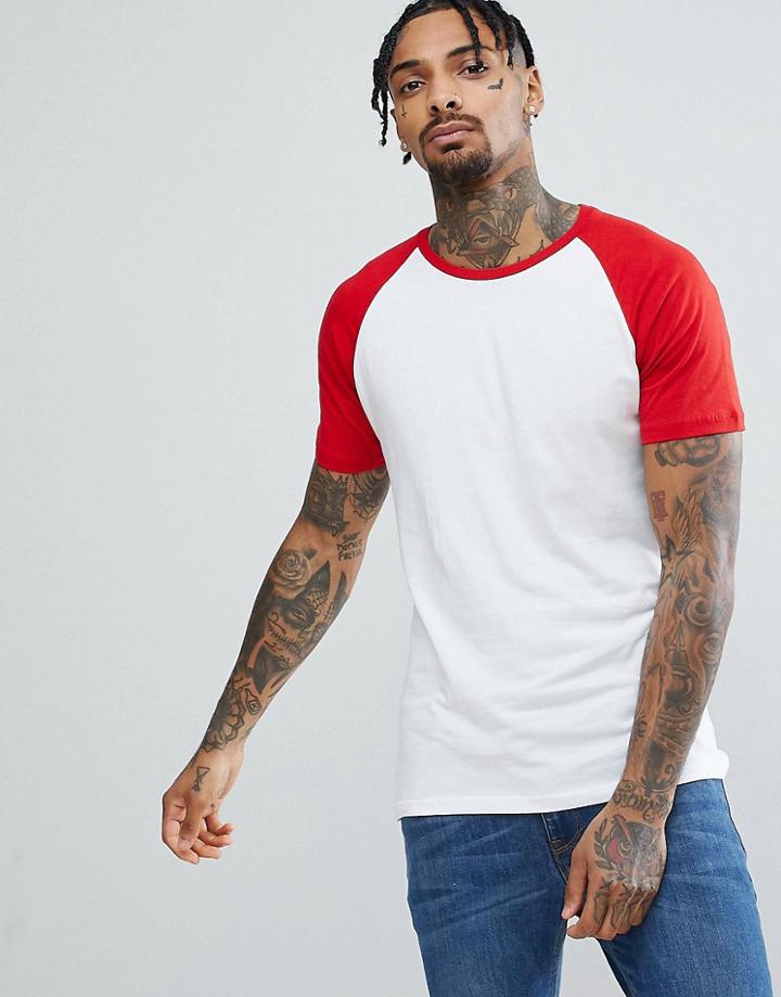 Bershka Raglan T-shirt With Red Sleeve In White - White