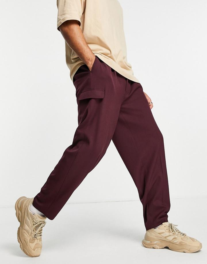 Asos Design Wide Leg Utility Smart Pant In Burgundy-red