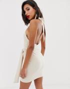 Asos Design Multiway Halter Mini Dress With Bamboo And Tie Detail-cream