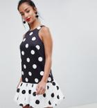 Asos Design Petite Racer Neck Dress With Bubble Hem In Contrast Spot - Multi