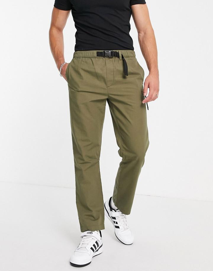 Topman Straight Belted Pants With Seam Deatil In Khaki-green