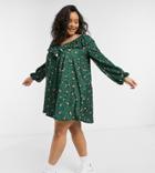 Asos Design Curve Long Sleeve V-neck Dress With Tie Neck Detail In Forest Green And Pink Floral