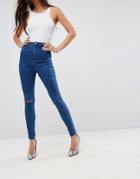Asos Rivington High Waist Denim Jeggings In Hazel Soft Acid Wash With Two Ripped Knees - Blue