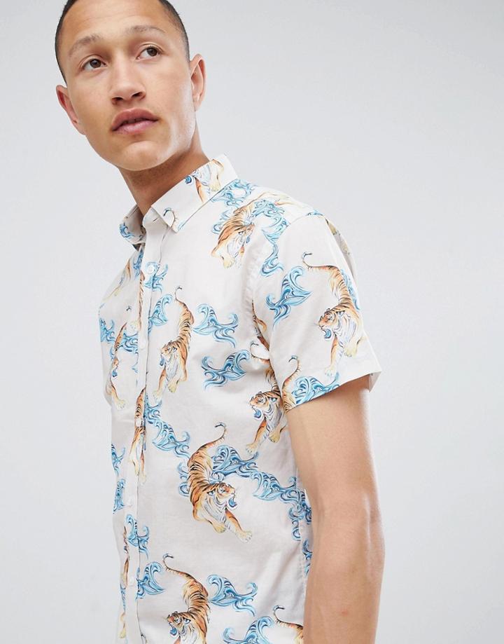 Selected Homme Slim Short Sleeve Shirt With Tiger Print - White