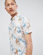 Selected Homme Slim Short Sleeve Shirt With Tiger Print - White